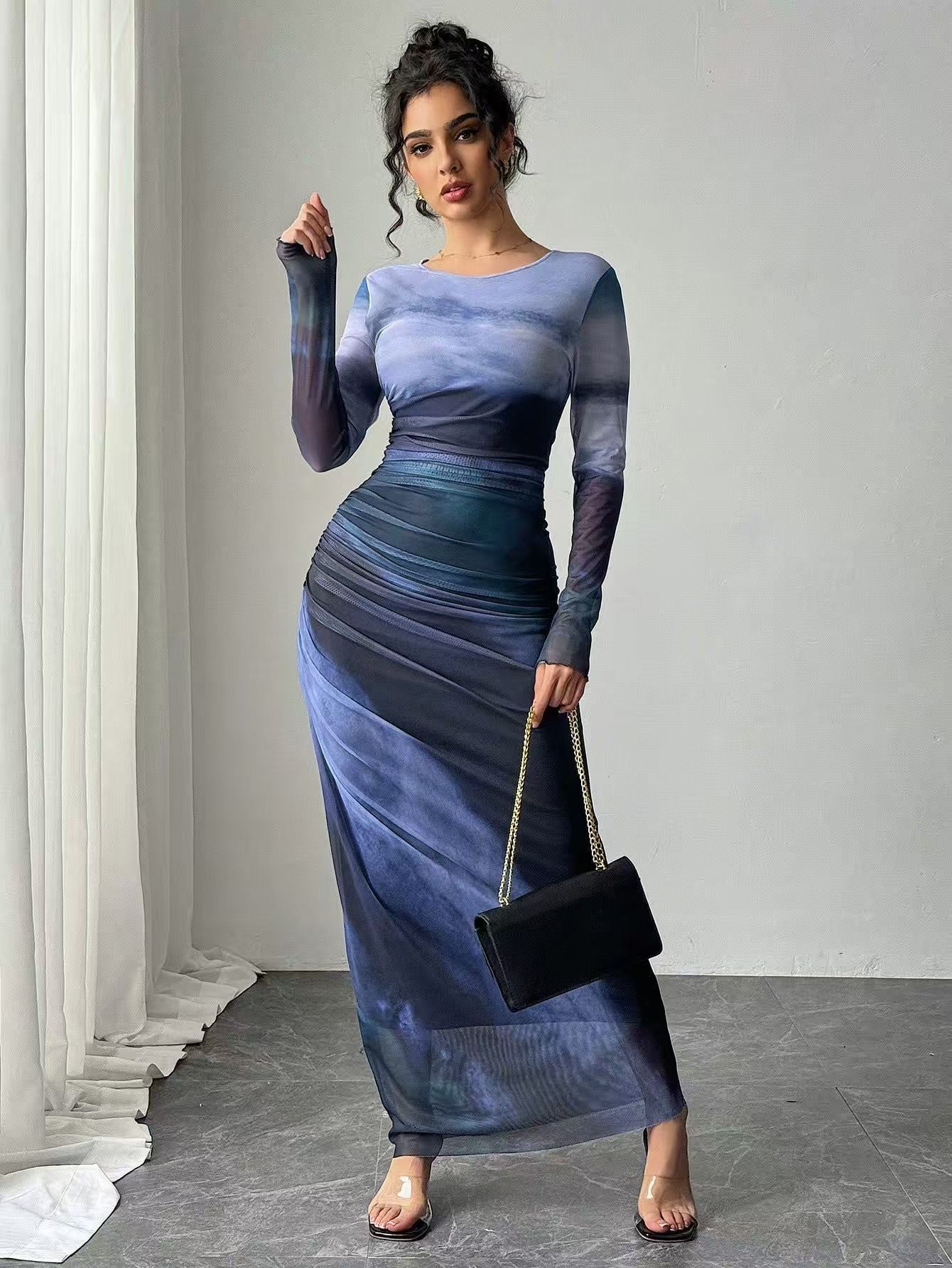 Women's Maxi Dress | Printed Long Sleeve Round Neck Bodycon 6