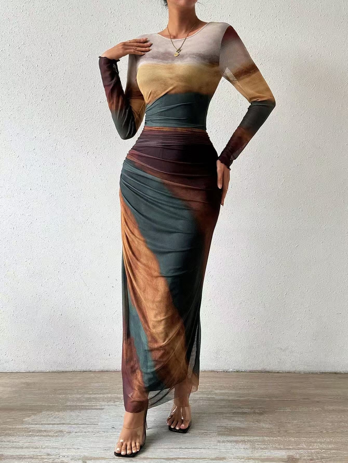 Women's Maxi Dress | Printed Long Sleeve Round Neck Bodycon 7