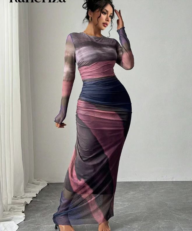 Women's Maxi Dress | Printed Long Sleeve Round Neck Bodycon 9