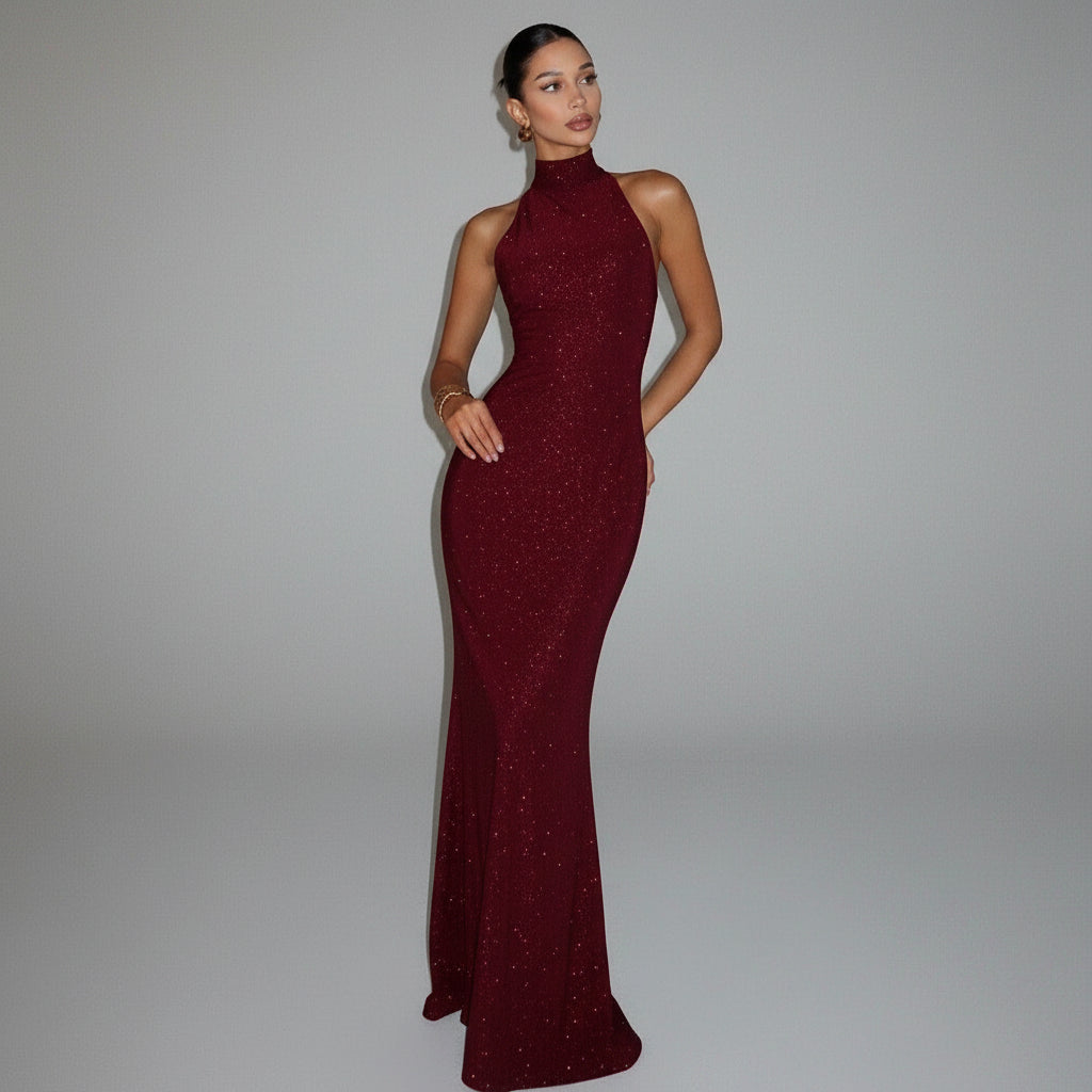 Women's Maxi Dress | Shimmering High-Neck Sleeveless Evening Gown 0