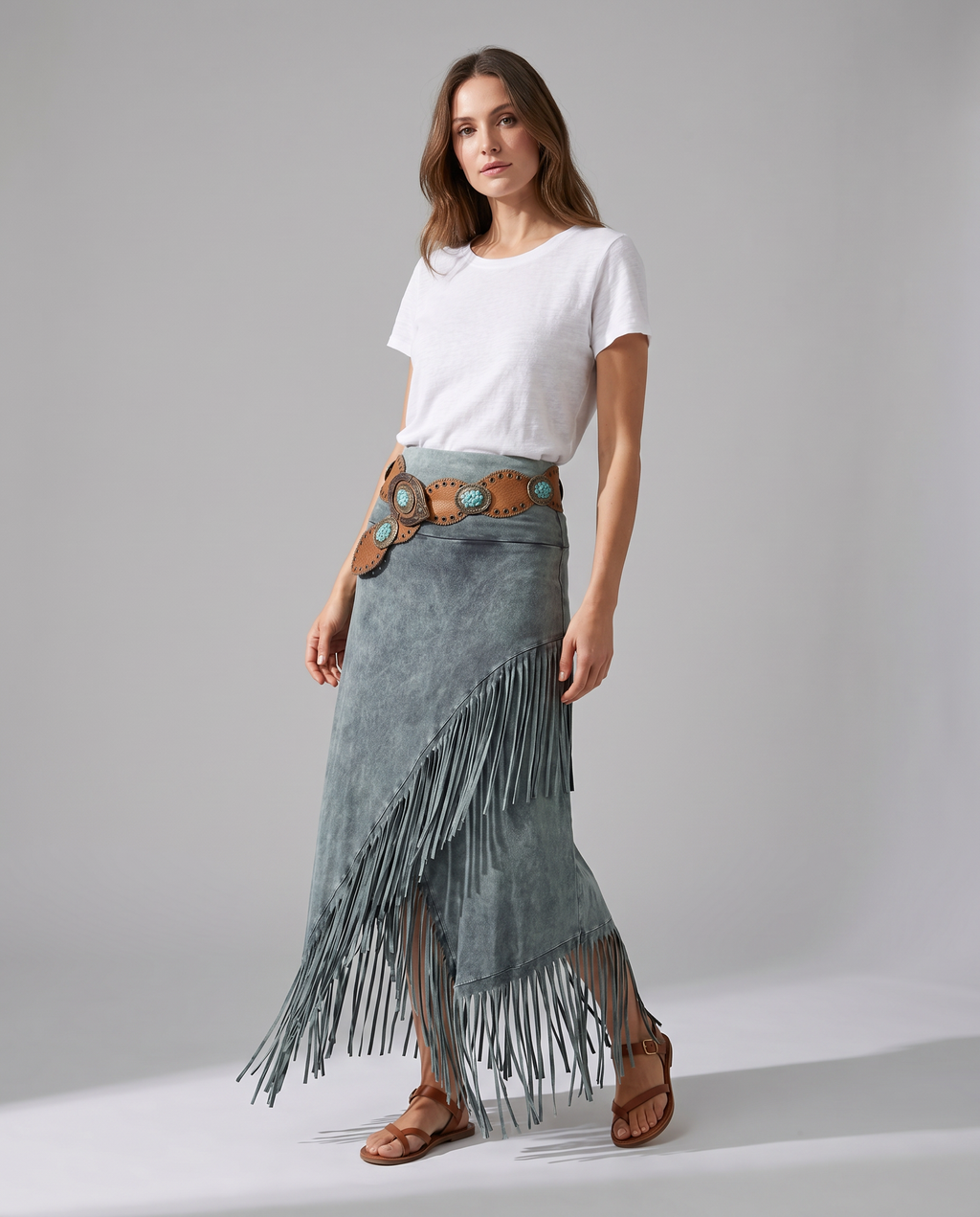Women's Maxi Skirt | Bohemian Gray Fringe, A-Line Design 1