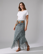 Women's Maxi Skirt | Bohemian Gray Fringe, A-Line Design 1