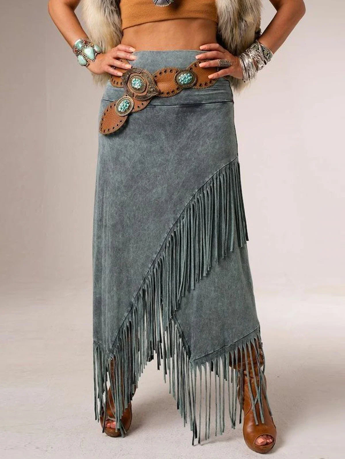 Women's Maxi Skirt | Bohemian Gray Fringe, A-Line Design 3