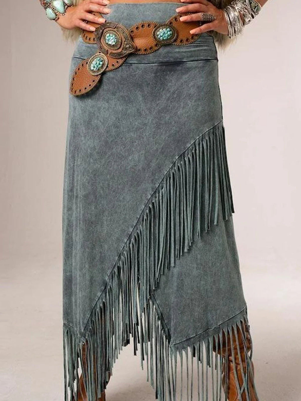 Women's Maxi Skirt | Bohemian Gray Fringe, A-Line Design 4