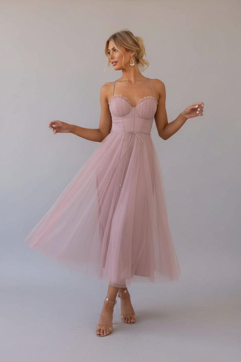 Women's Midi Dress | Corset Tulle Skirt, Spaghetti Straps, Formal Summer 0
