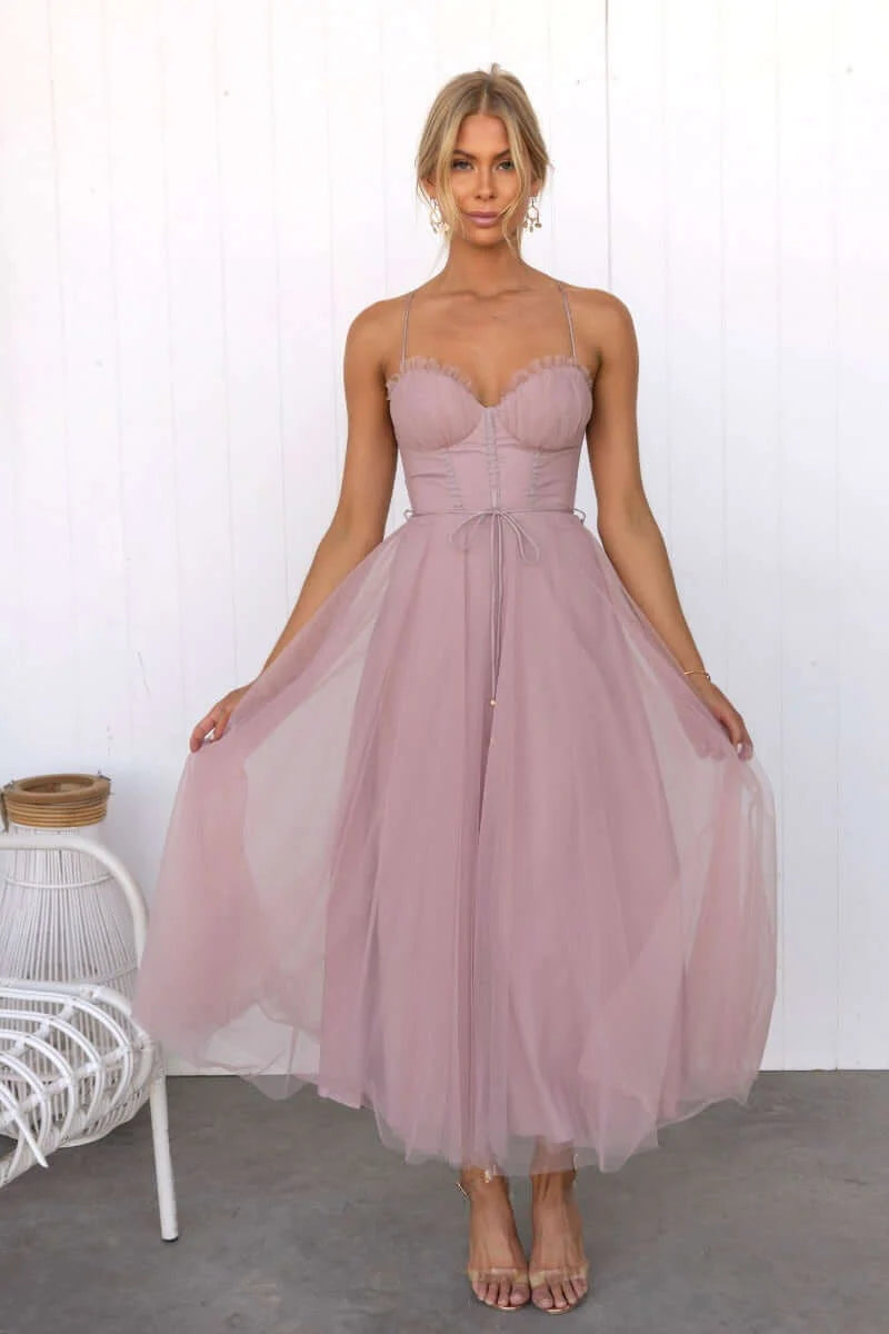 Women's Midi Dress | Corset Tulle Skirt, Spaghetti Straps, Formal Summer 1