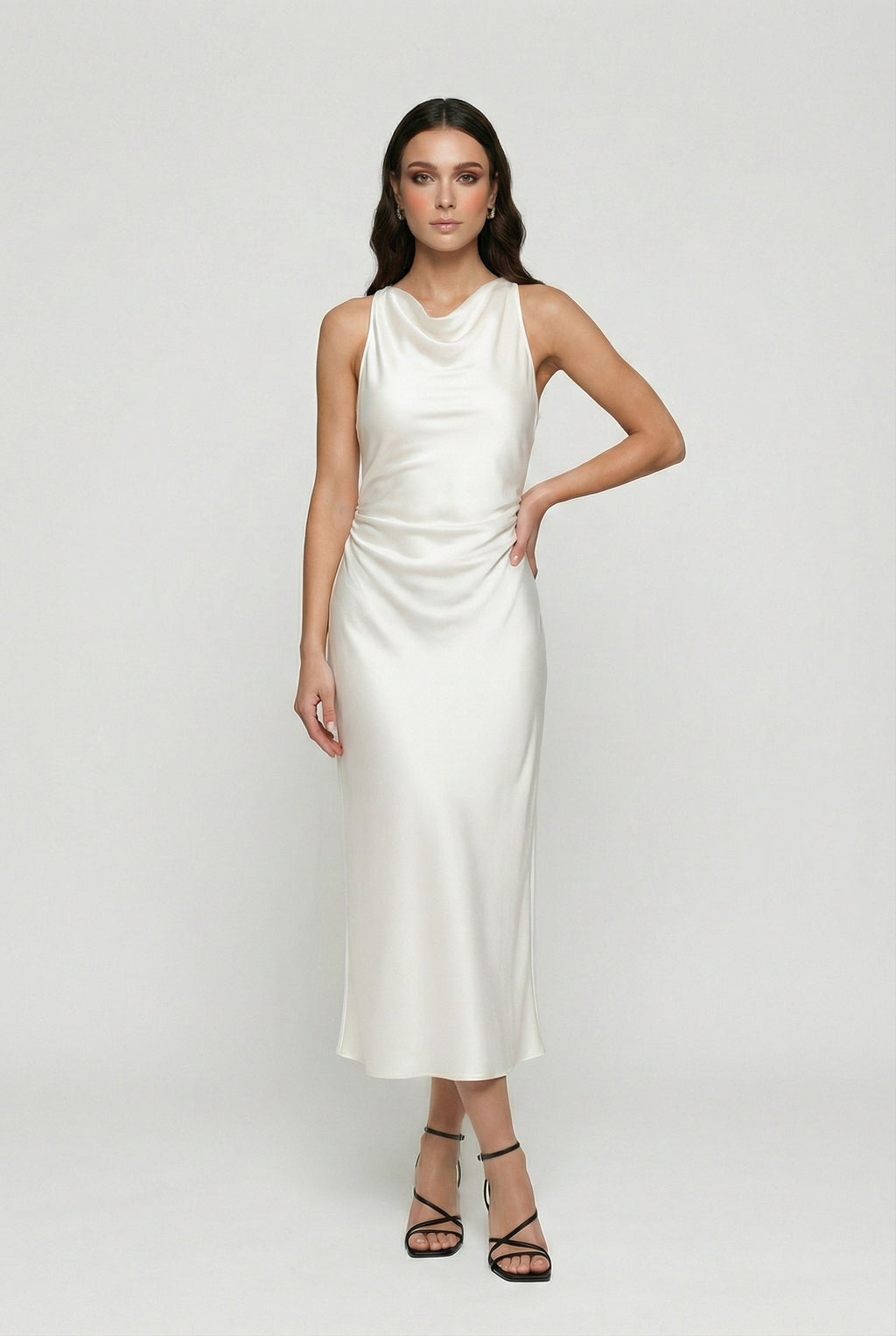 Women's Midi Dress | Elegant Cowl Neck Satin with Ruched Detail 0