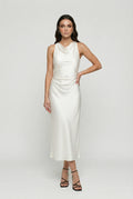 Women's Midi Dress | Elegant Cowl Neck Satin with Ruched Detail 0