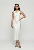 Women's Midi Dress | Elegant Cowl Neck Satin with Ruched Detail 0