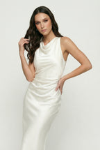 Women's Midi Dress | Elegant Cowl Neck Satin with Ruched Detail 1