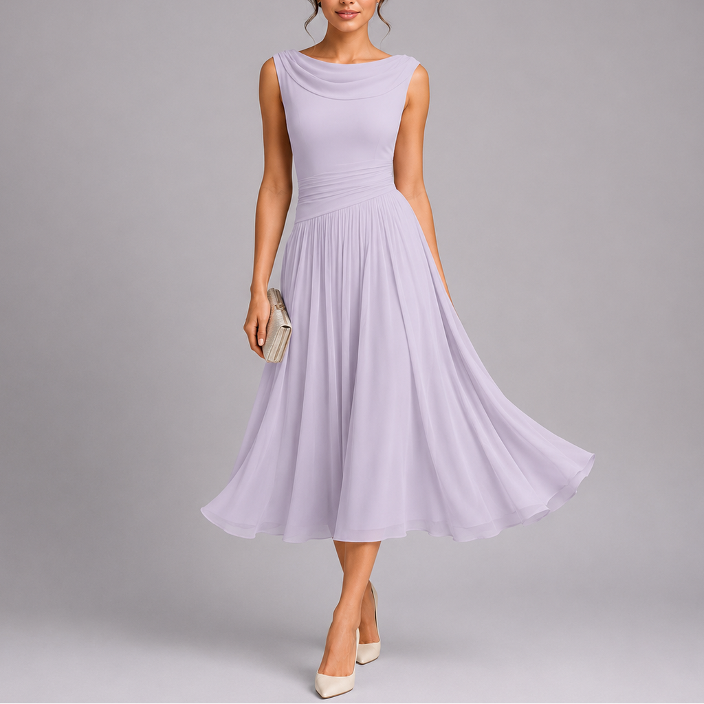 Women's Midi Dress | Elegant Draped Neckline, Pleated Skirt 0