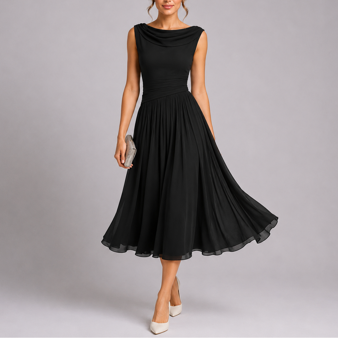 Women's Midi Dress | Elegant Draped Neckline, Pleated Skirt 2