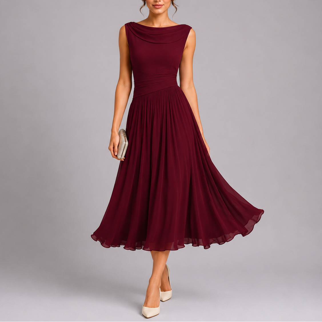 Women's Midi Dress | Elegant Draped Neckline, Pleated Skirt 3