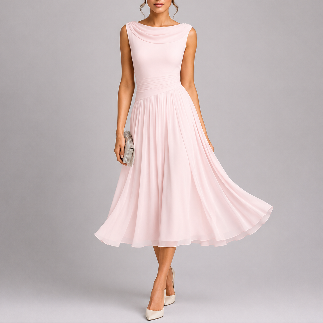 Women's Midi Dress | Elegant Draped Neckline, Pleated Skirt 4