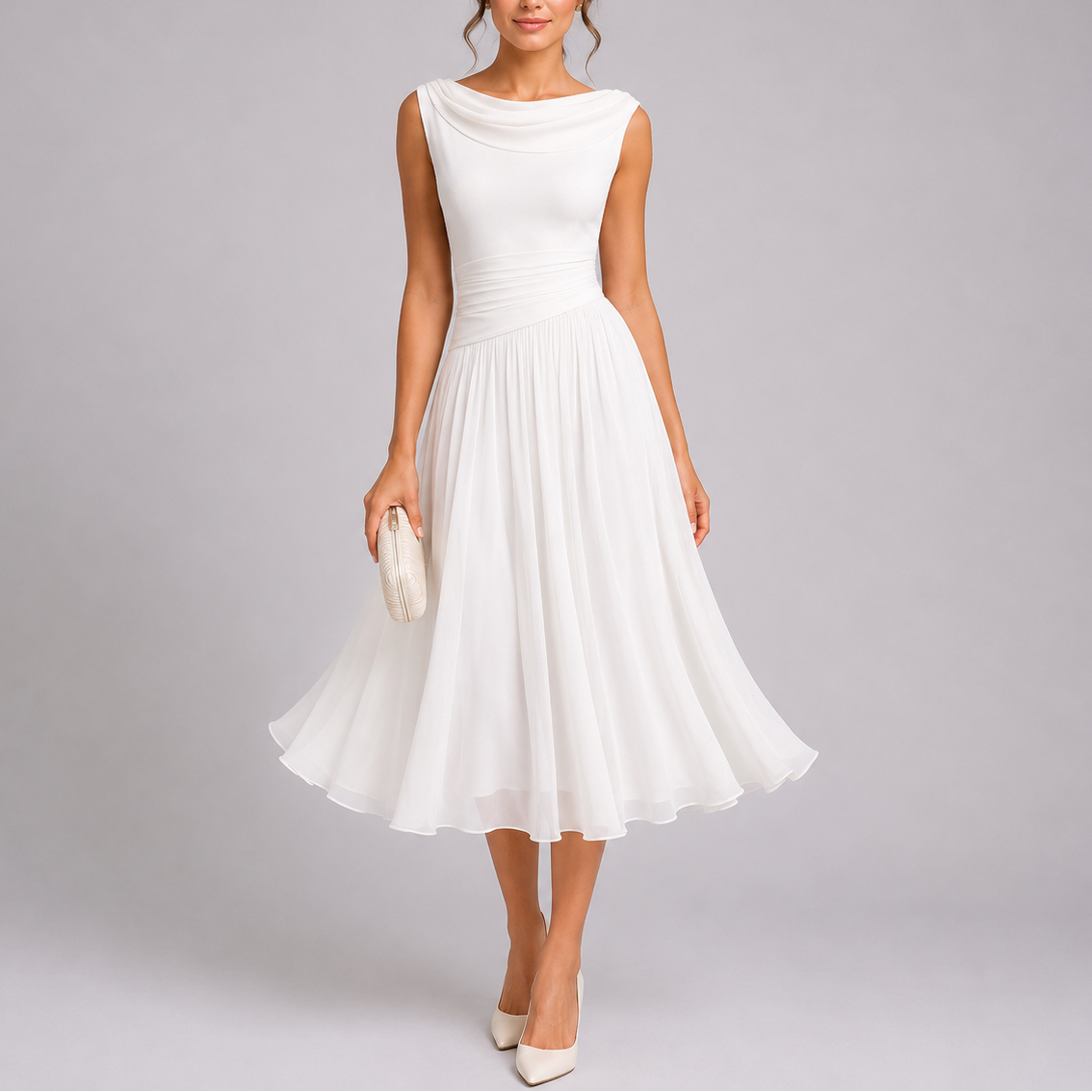 Women's Midi Dress | Elegant Draped Neckline, Pleated Skirt 5