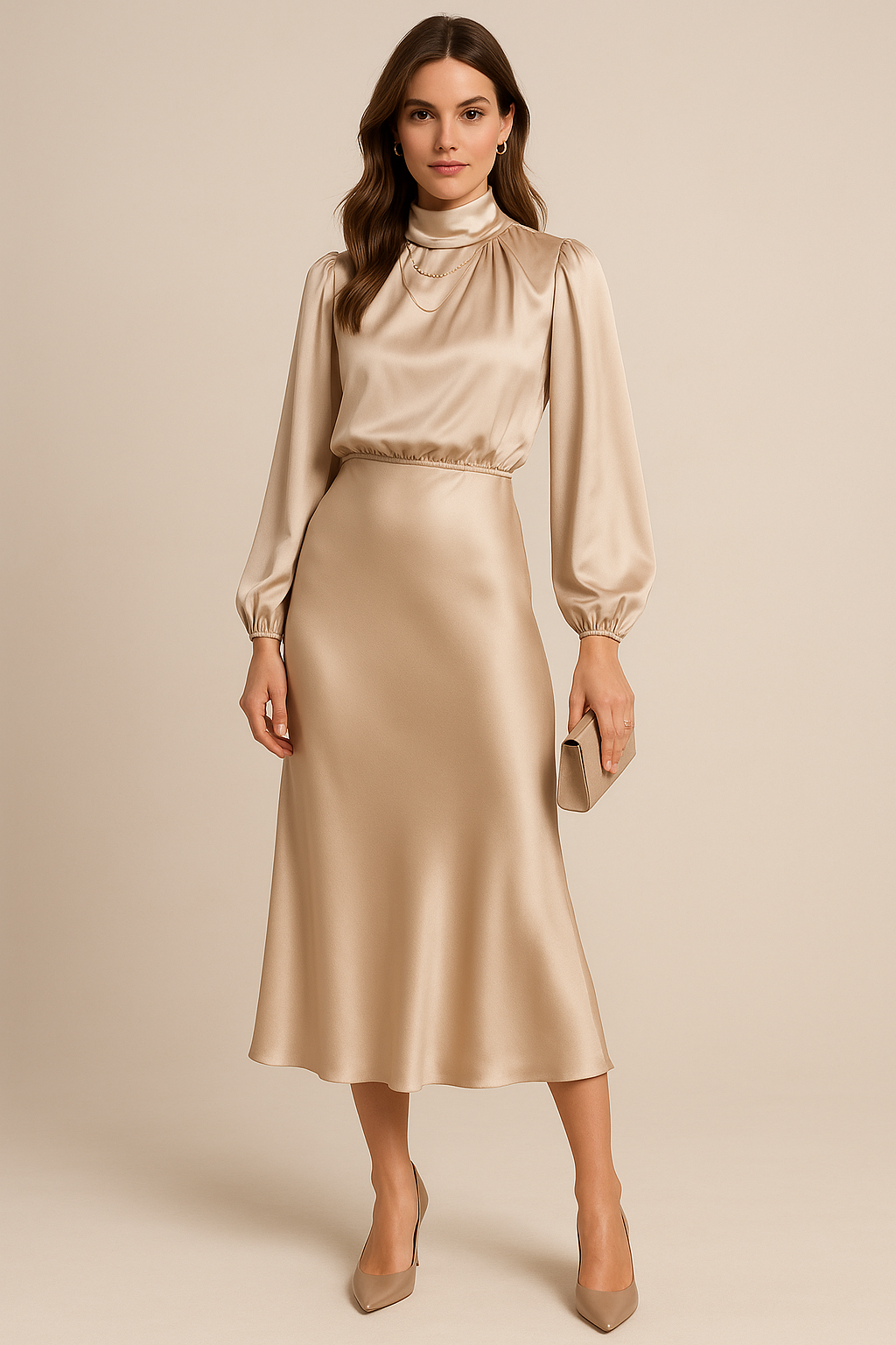Women's Midi Dress | High Neck, Gathered Waist, Elegant Formal Cocktail Dress 0