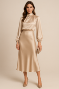 Women's Midi Dress | High Neck, Gathered Waist, Elegant Formal Cocktail Dress 0