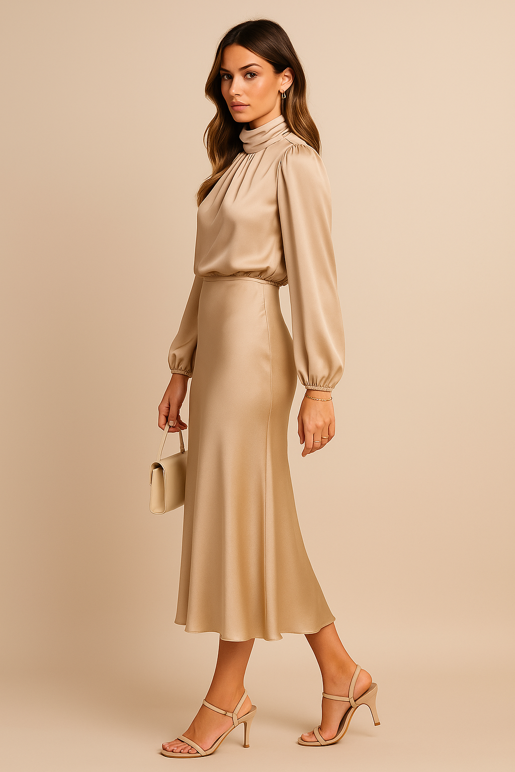 Women's Midi Dress | High Neck, Gathered Waist, Elegant Formal Cocktail Dress 1