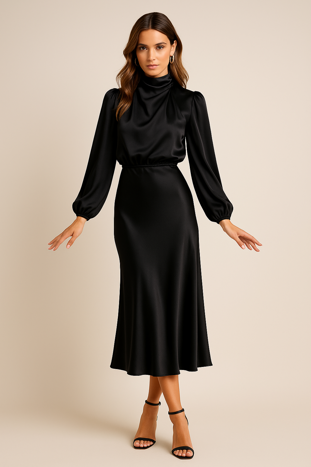 Women's Midi Dress | High Neck, Gathered Waist, Elegant Formal Cocktail Dress 2