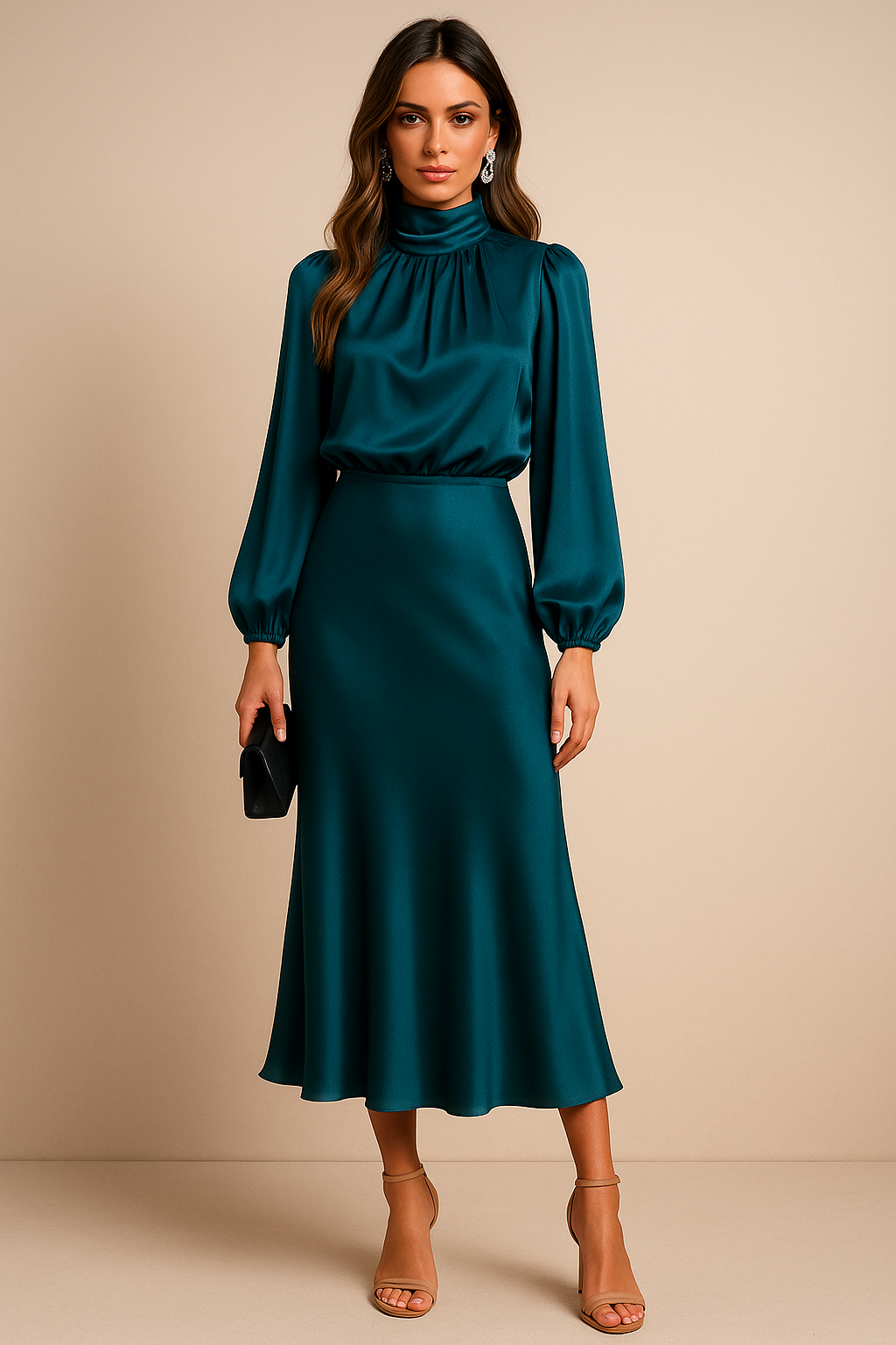 Women's Midi Dress | High Neck, Gathered Waist, Elegant Formal Cocktail Dress 4