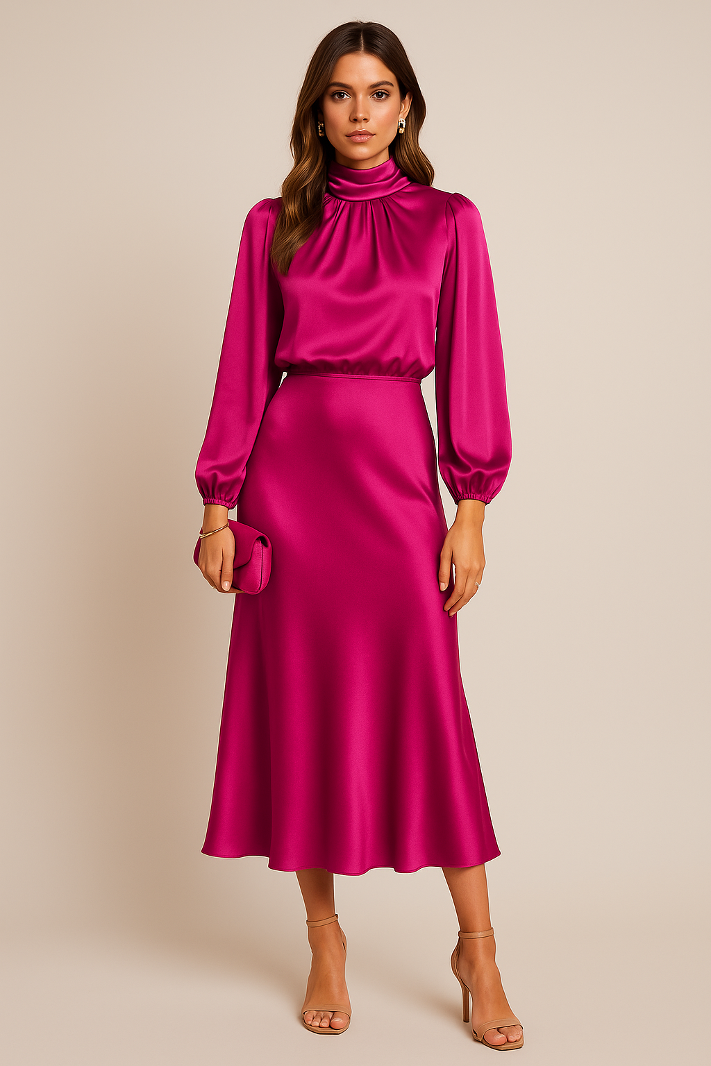 Women's Midi Dress | High Neck, Gathered Waist, Elegant Formal Cocktail Dress 6