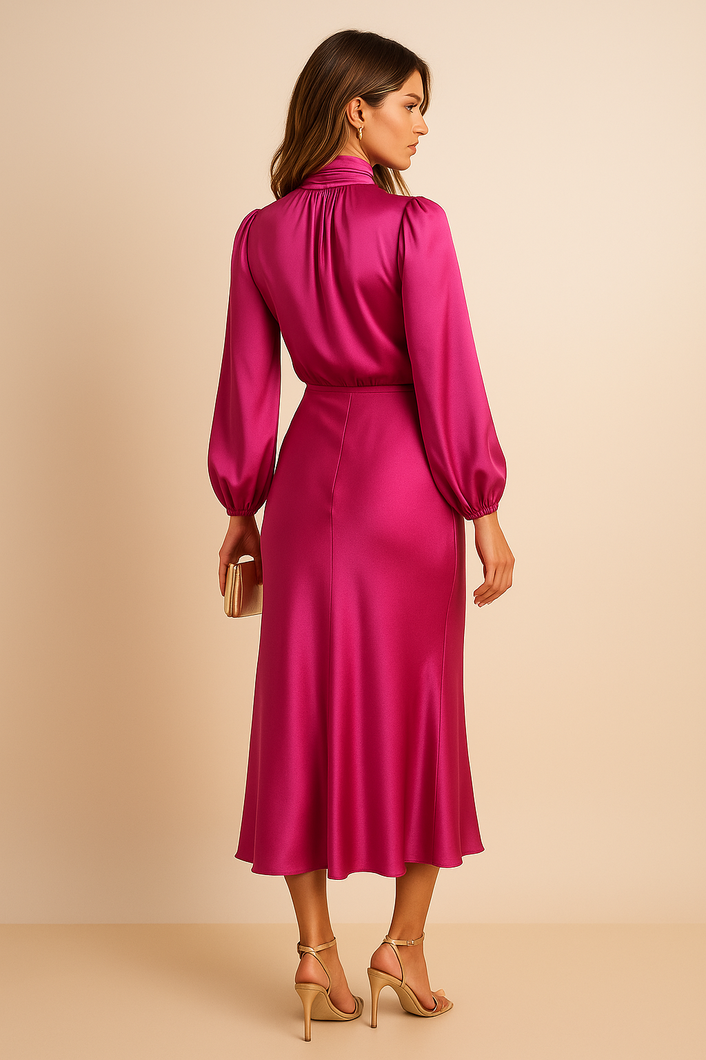 Women's Midi Dress | High Neck, Gathered Waist, Elegant Formal Cocktail Dress 7