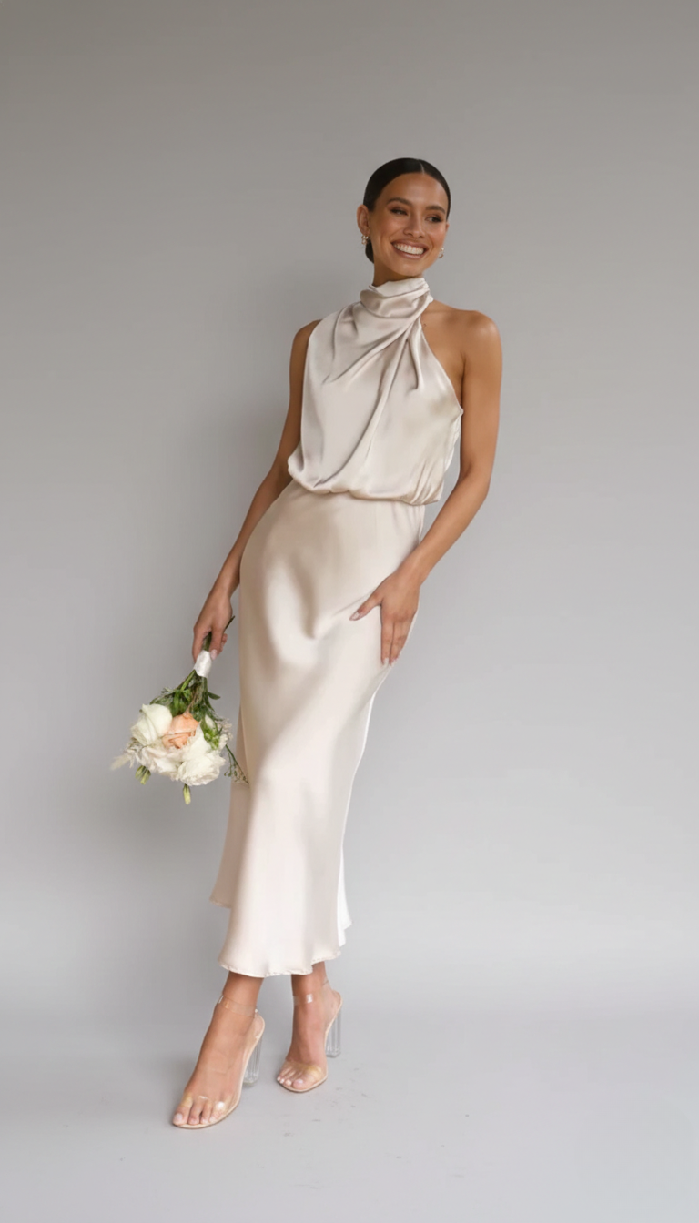 Women's Midi Dress | Soft Fabric Halter Neck, Sleeveless, Summer Cocktail 0