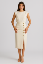 Women's Midi Dress | Woven Fabric, High Neckline, Side Button Detail 0