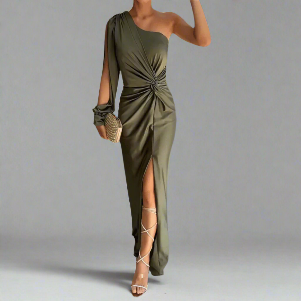 Women's One Shoulder Maxi Dress | Satin-Look Fabric, Front Slit Elegant Cocktail Dress 0