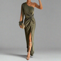 Women's One Shoulder Maxi Dress | Satin-Look Fabric, Front Slit Elegant Cocktail Dress 0