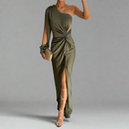 Women's One Shoulder Maxi Dress | Satin-Look Fabric, Front Slit Elegant Cocktail Dress 0