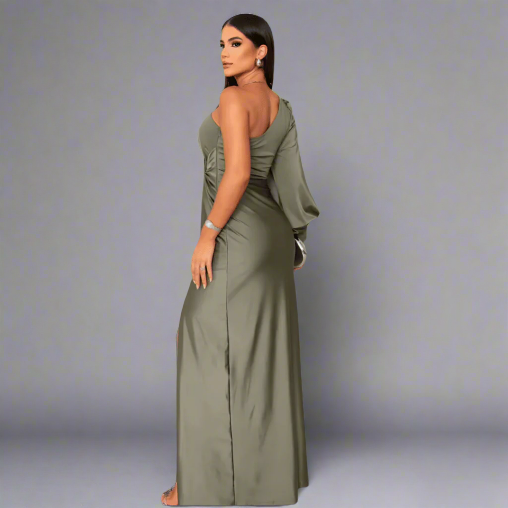 Women's One Shoulder Maxi Dress | Satin-Look Fabric, Front Slit Elegant Cocktail Dress 4