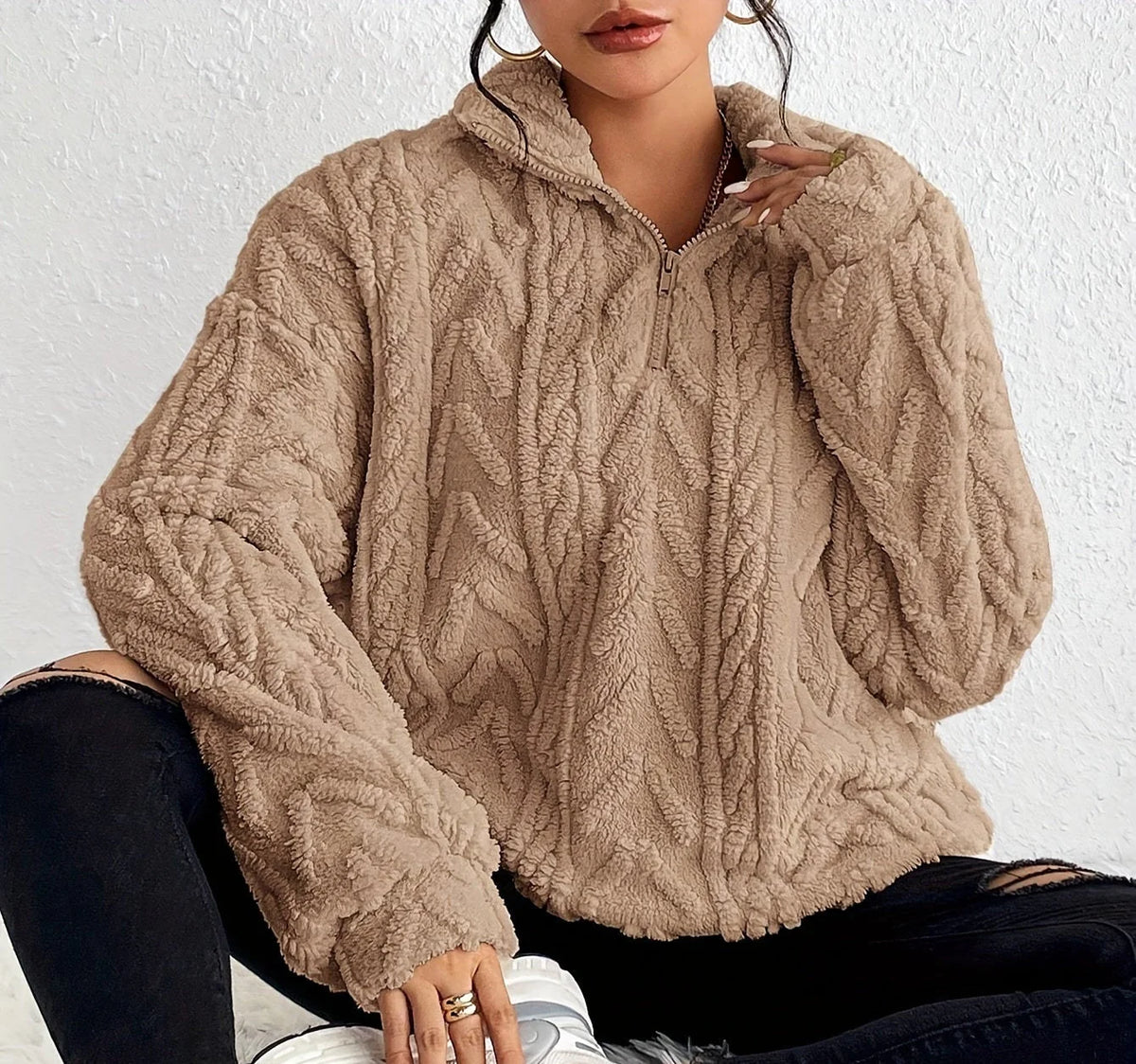 Women's Oversized Cable-Knit Sweater | Zip-Neck, Wrap Front, Relaxed Fit 2