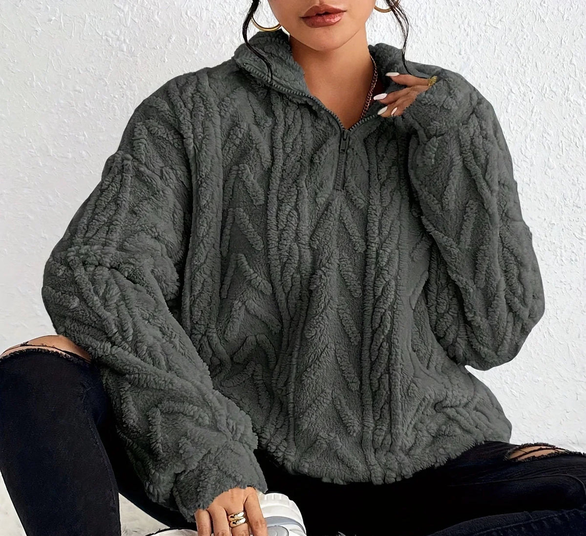 Women's Oversized Cable-Knit Sweater | Zip-Neck, Wrap Front, Relaxed Fit 3