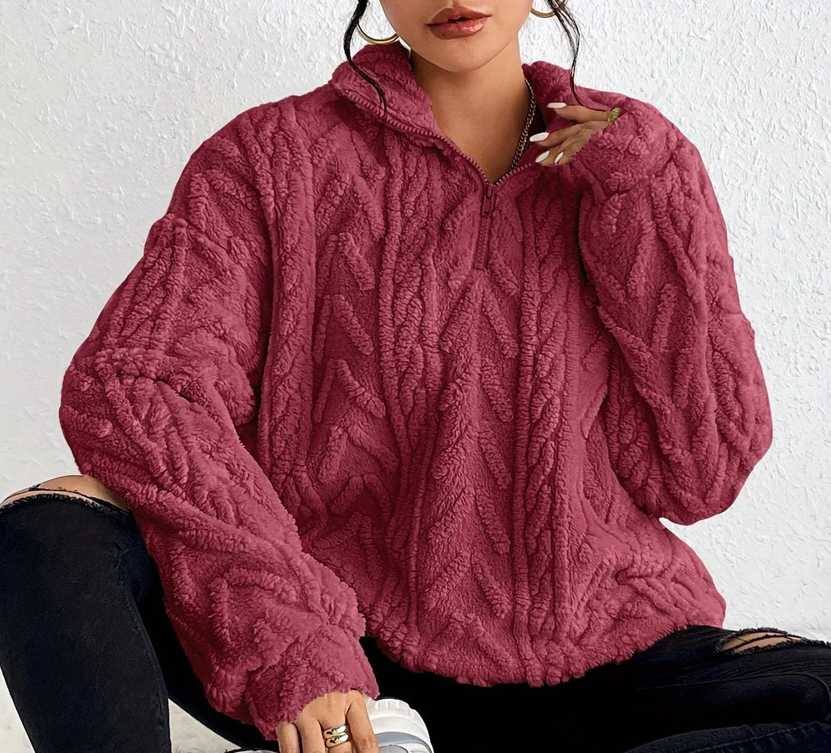 Women's Oversized Cable-Knit Sweater | Zip-Neck, Wrap Front, Relaxed Fit 4