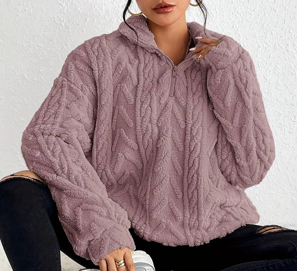 Women's Oversized Cable-Knit Sweater | Zip-Neck, Wrap Front, Relaxed Fit 5