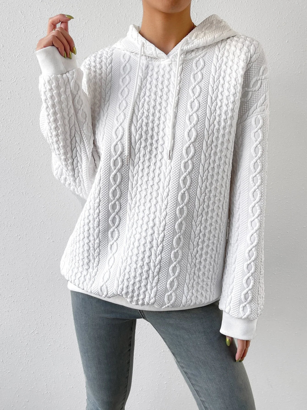 Women's Oversized Cable Knit Hoodie | Drawstring Hood, Relaxed Fit 0