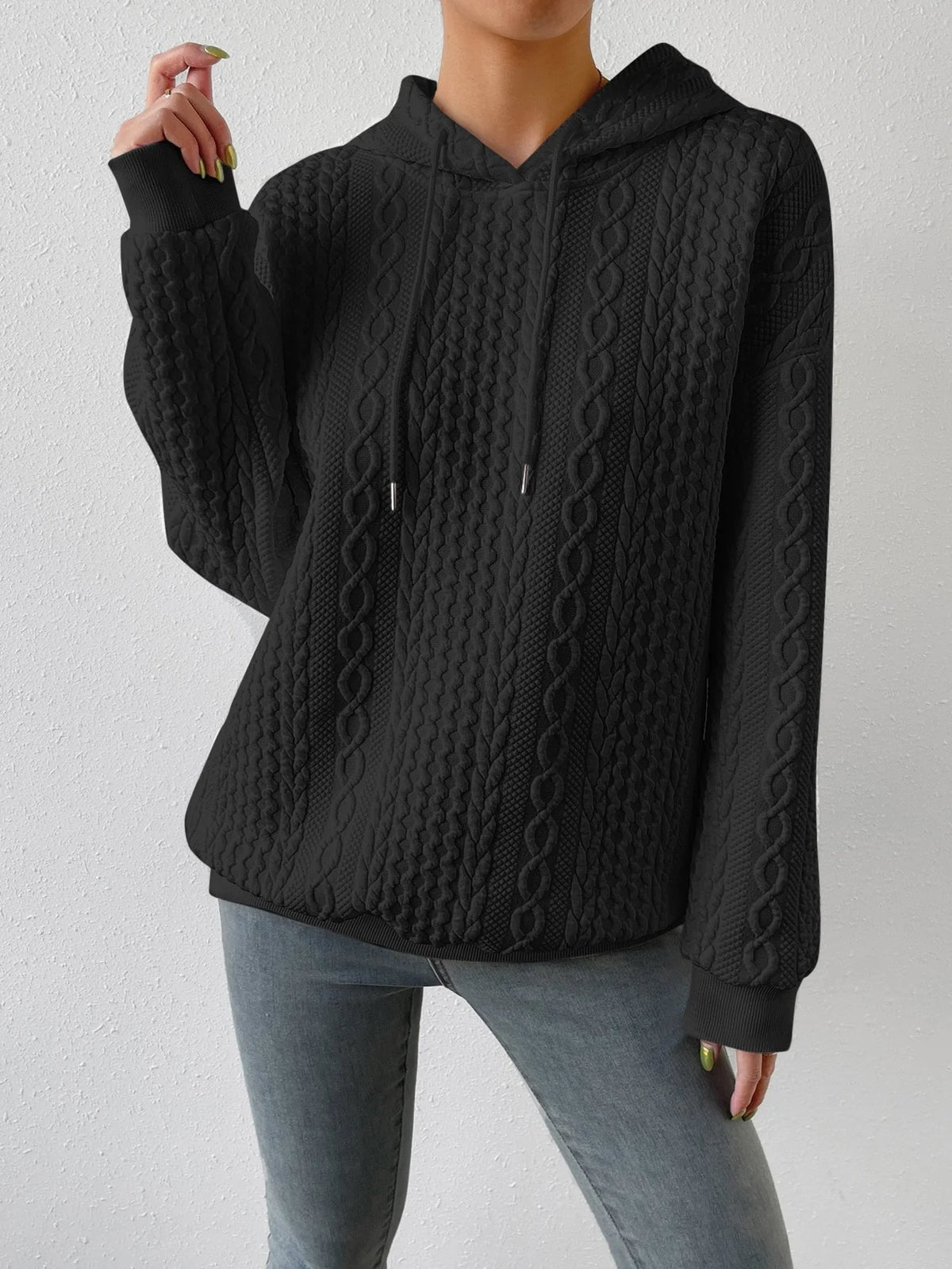 Women's Oversized Cable Knit Hoodie | Drawstring Hood, Relaxed Fit 1