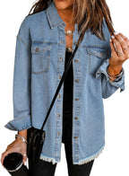 Women's Oversized Denim Jacket | Raw Frayed Hem, Relaxed Fit, Longer Length 0