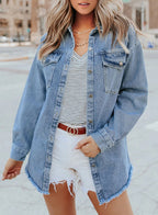 Women's Oversized Denim Jacket | Raw Frayed Hem, Relaxed Fit, Longer Length 1
