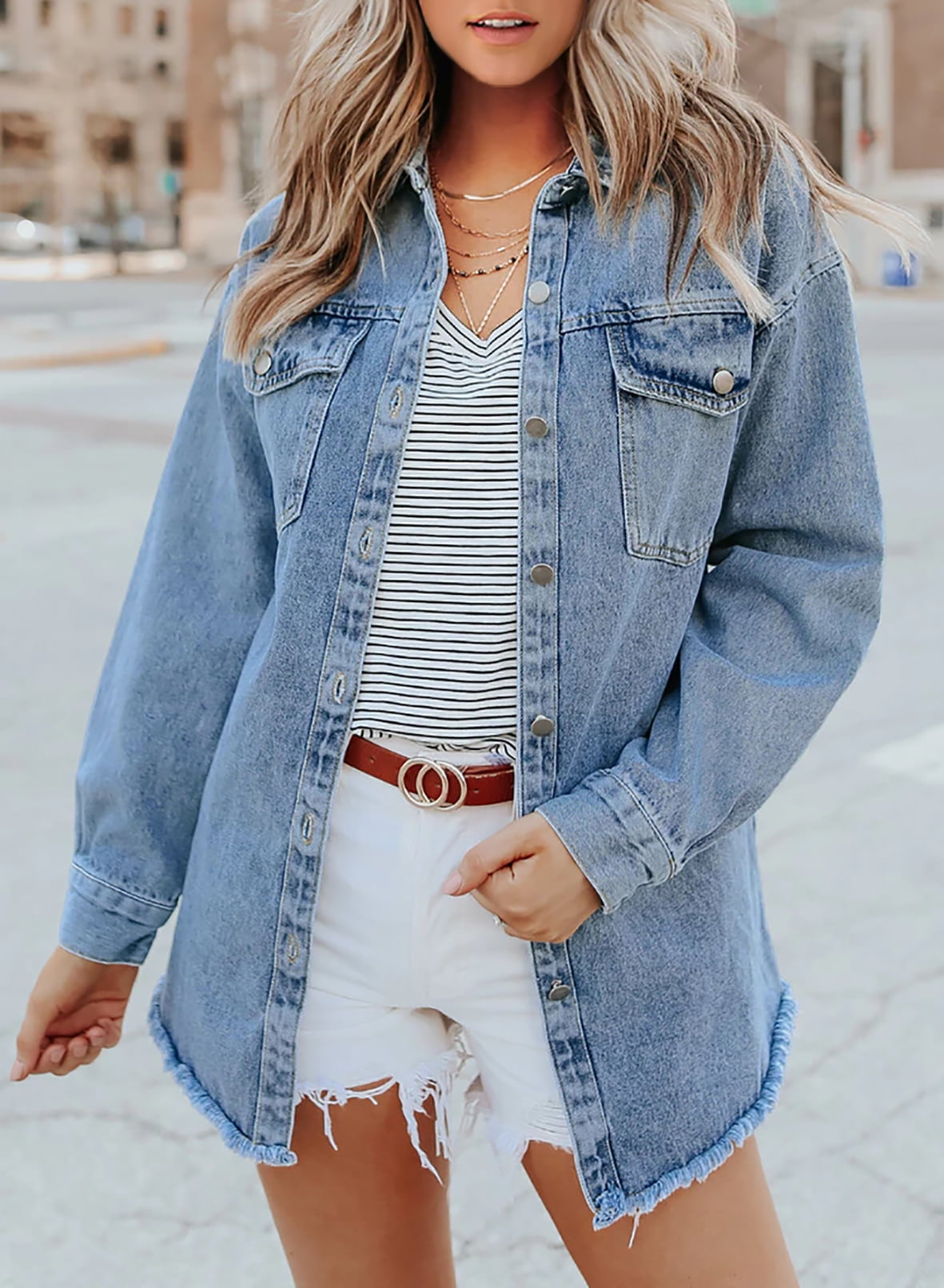 Women's Oversized Denim Jacket | Raw Frayed Hem, Relaxed Fit, Longer Length 1