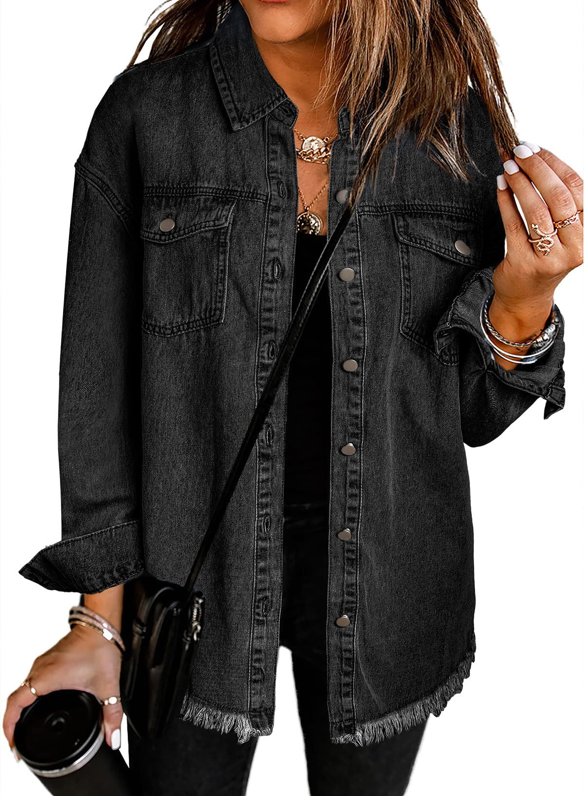Women's Oversized Denim Jacket | Raw Frayed Hem, Relaxed Fit, Longer Length 11