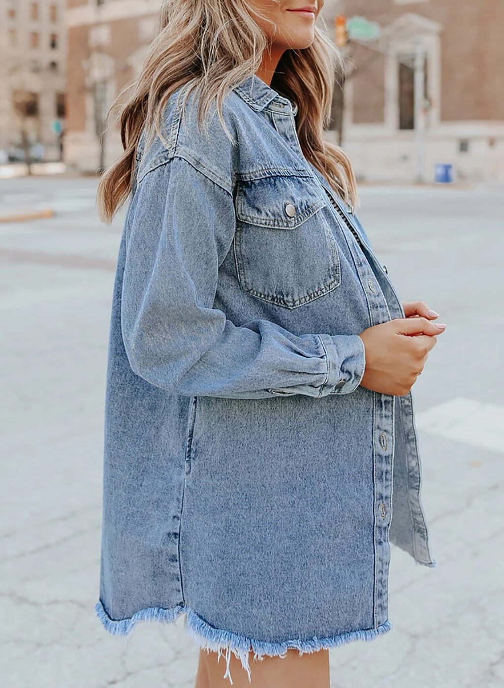 Women's Oversized Denim Jacket | Raw Frayed Hem, Relaxed Fit, Longer Length 3