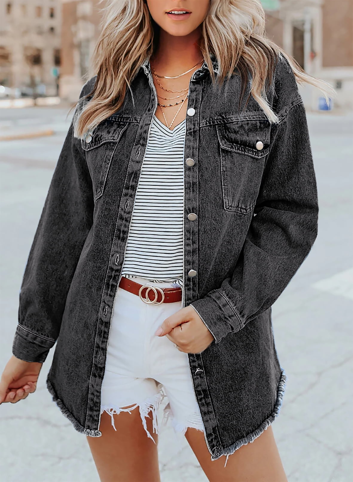 Women's Oversized Denim Jacket | Raw Frayed Hem, Relaxed Fit, Longer Length 8
