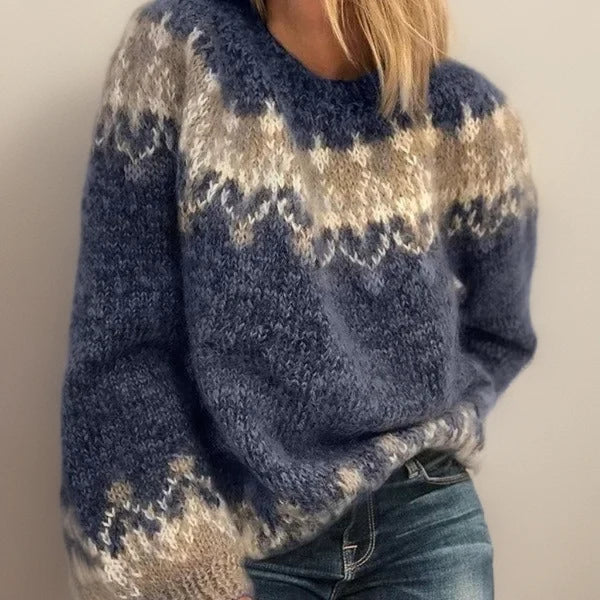Women's Oversized Fair Isle Knit Sweater | Crew Neck, Long Balloon Sleeves, Ribbed Cuffs 0
