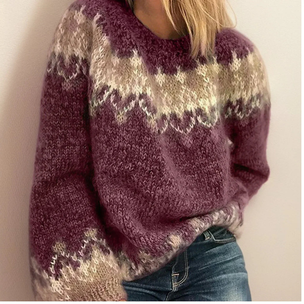 Women's Oversized Fair Isle Knit Sweater | Crew Neck, Long Balloon Sleeves, Ribbed Cuffs 1