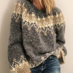 Women's Oversized Fair Isle Knit Sweater | Crew Neck, Long Balloon Sleeves, Ribbed Cuffs 2