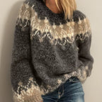 Women's Oversized Fair Isle Knit Sweater | Crew Neck, Long Balloon Sleeves, Ribbed Cuffs 3
