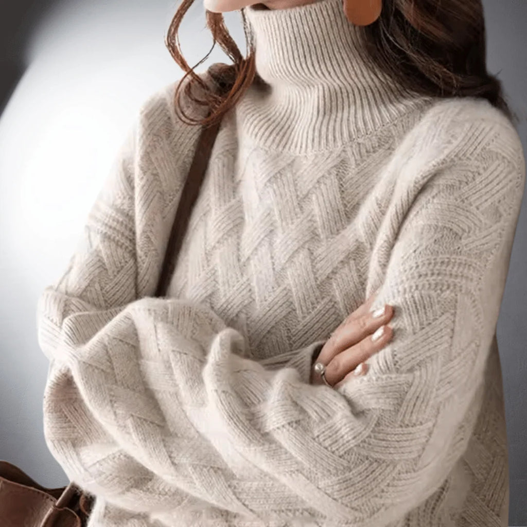 Women's Oversized Sweater | Basketweave Knit, Ribbed Turtleneck, Relaxed Fit 0