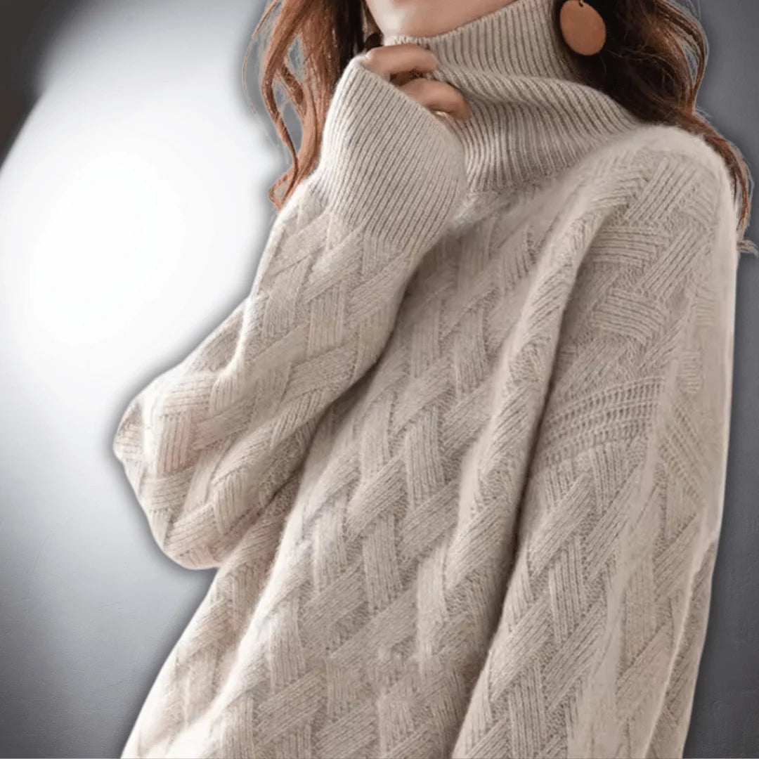Women's Oversized Sweater | Basketweave Knit, Ribbed Turtleneck, Relaxed Fit 1
